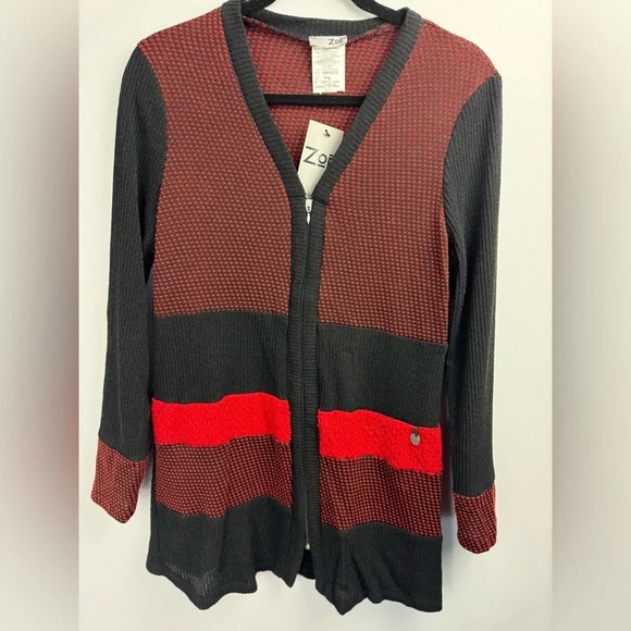 Zoe Red Black Colorblock Zip CardiganLightweight Knit Sweater Textured Pattern M - Picture 1 of 6